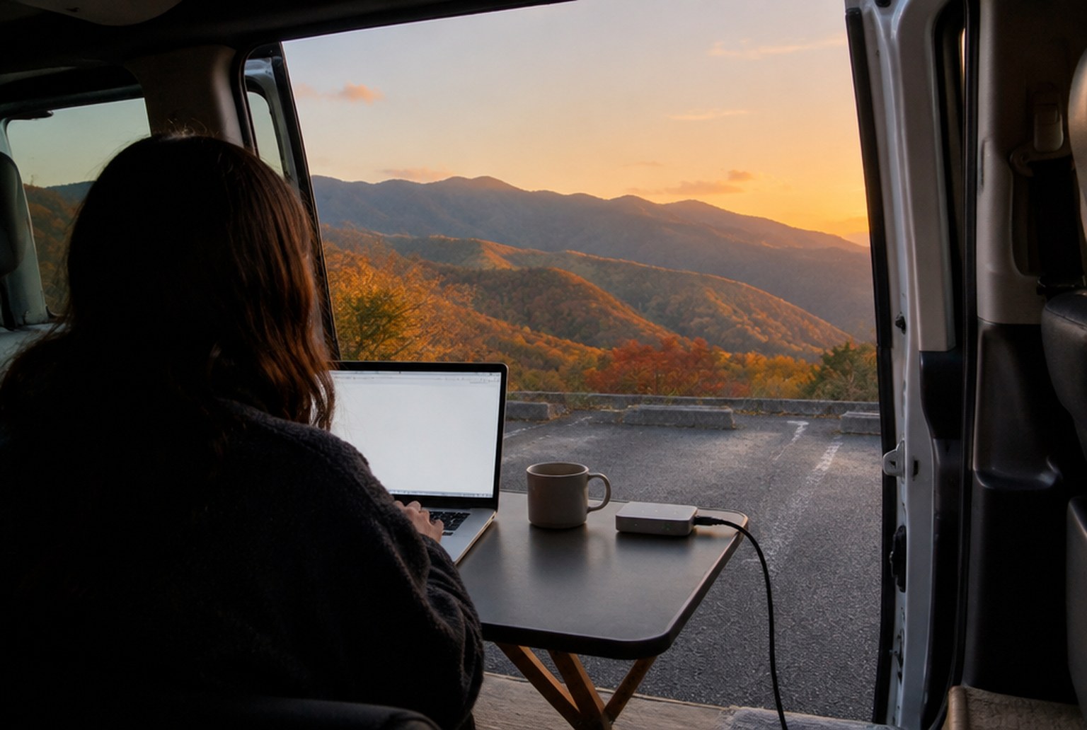 夕方、色づいた山を背にした駐車場で、スライドドアを開けたバンの内側の折りたたみ机に向かう人の後ろ姿。机にはノートPCとモバイルルーター、マグカップ。イメージ画像(AI生成。実際の施設・商品の写真ではありません)