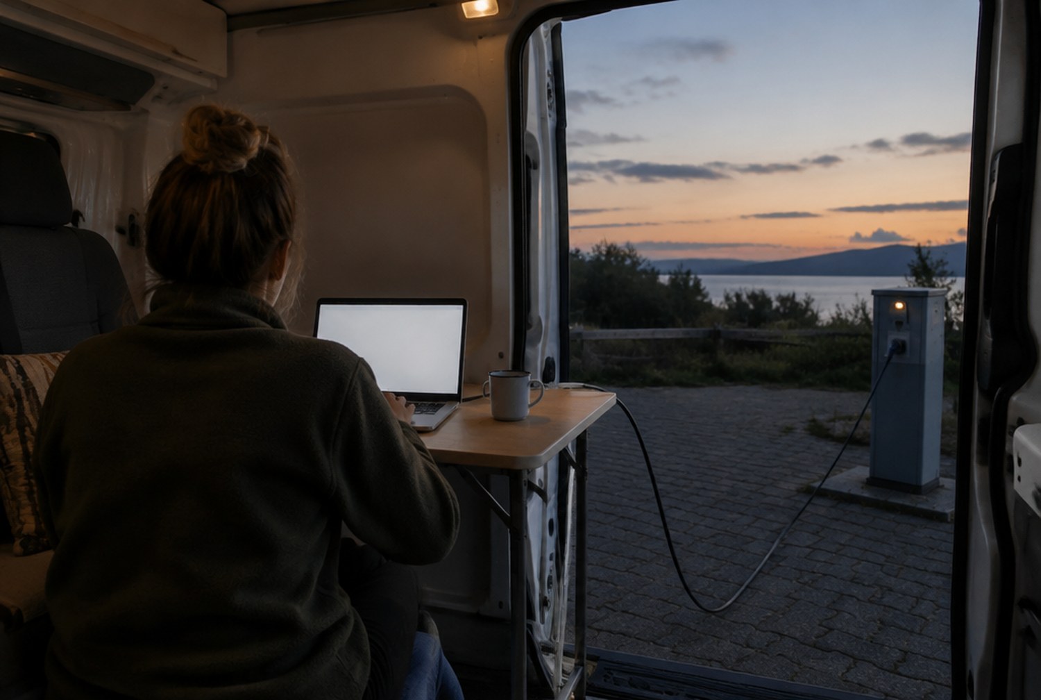 夕方、舗装された区画に停めたバンのスライドドアを開けた内側で、折りたたみ机のノートPCに向かう人の後ろ姿。机の端に電源ケーブルとマグカップ。イメージ画像(AI生成。実際の施設・商品の写真ではありません)