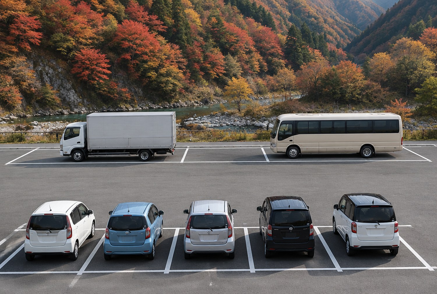 晩秋の川沿いの広い駐車場で、手前の普通車区画に乗用車が並び、奥の大型車用の長い区画にトラックとバスが停まっている（イメージ画像（AI生成。実際の施設・商品の写真ではありません））