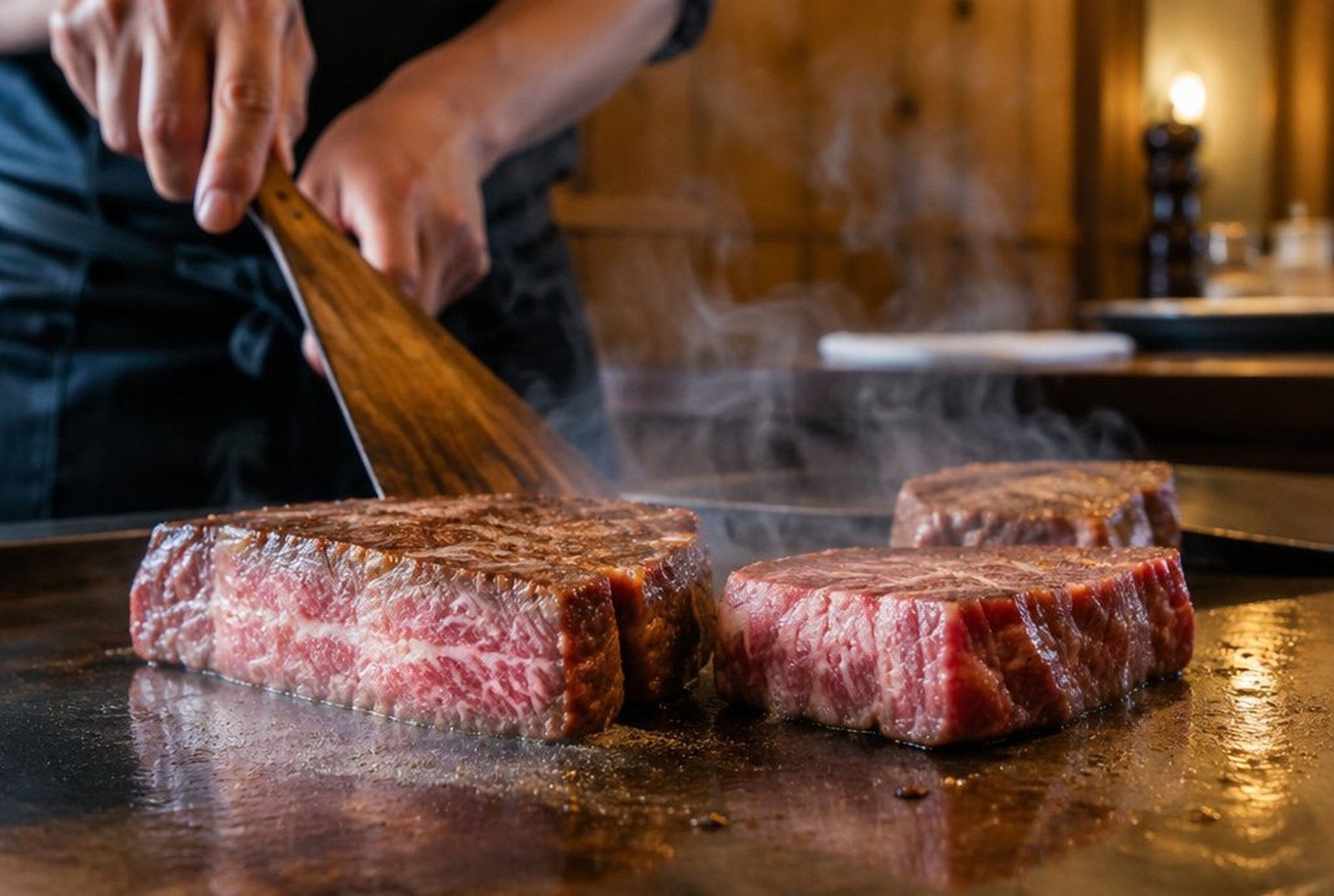 鉄板の上で焼かれる霜降りの牛肉の塊と、木のヘラを持つ料理人の手元。背景はぼかした木の内装。イメージ画像（AI生成。実際の施設・商品の写真ではありません）