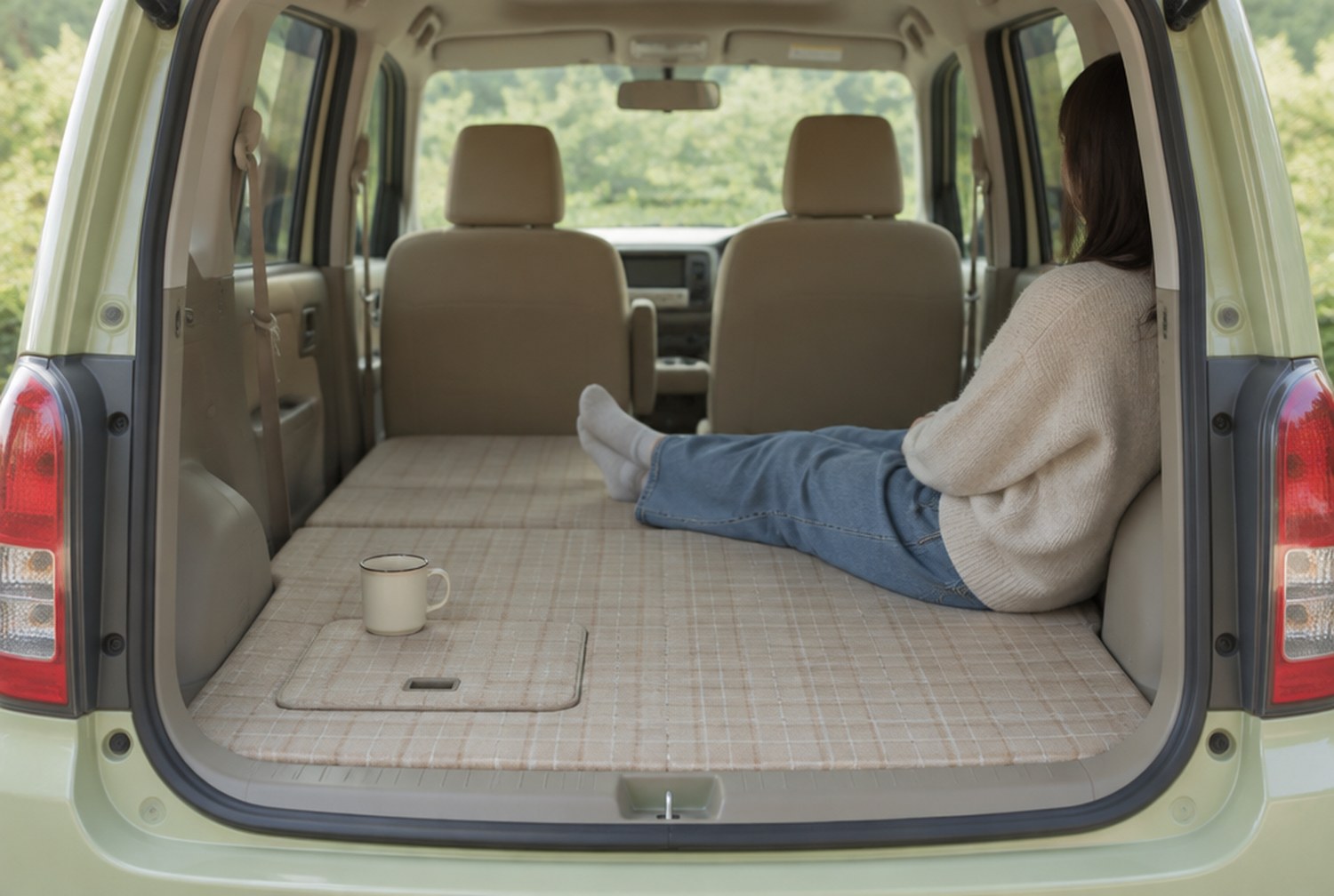 軽自動車の車内を開いたテールゲートの外から見た様子。後席が前に倒れて荷室とつながった平らな床に、ベージュのチェック柄の面が続き、人が横向きに座って足を伸ばしている。顔は写っていない(イメージ画像(AI生成。実際の施設・商品の写真ではありません))
