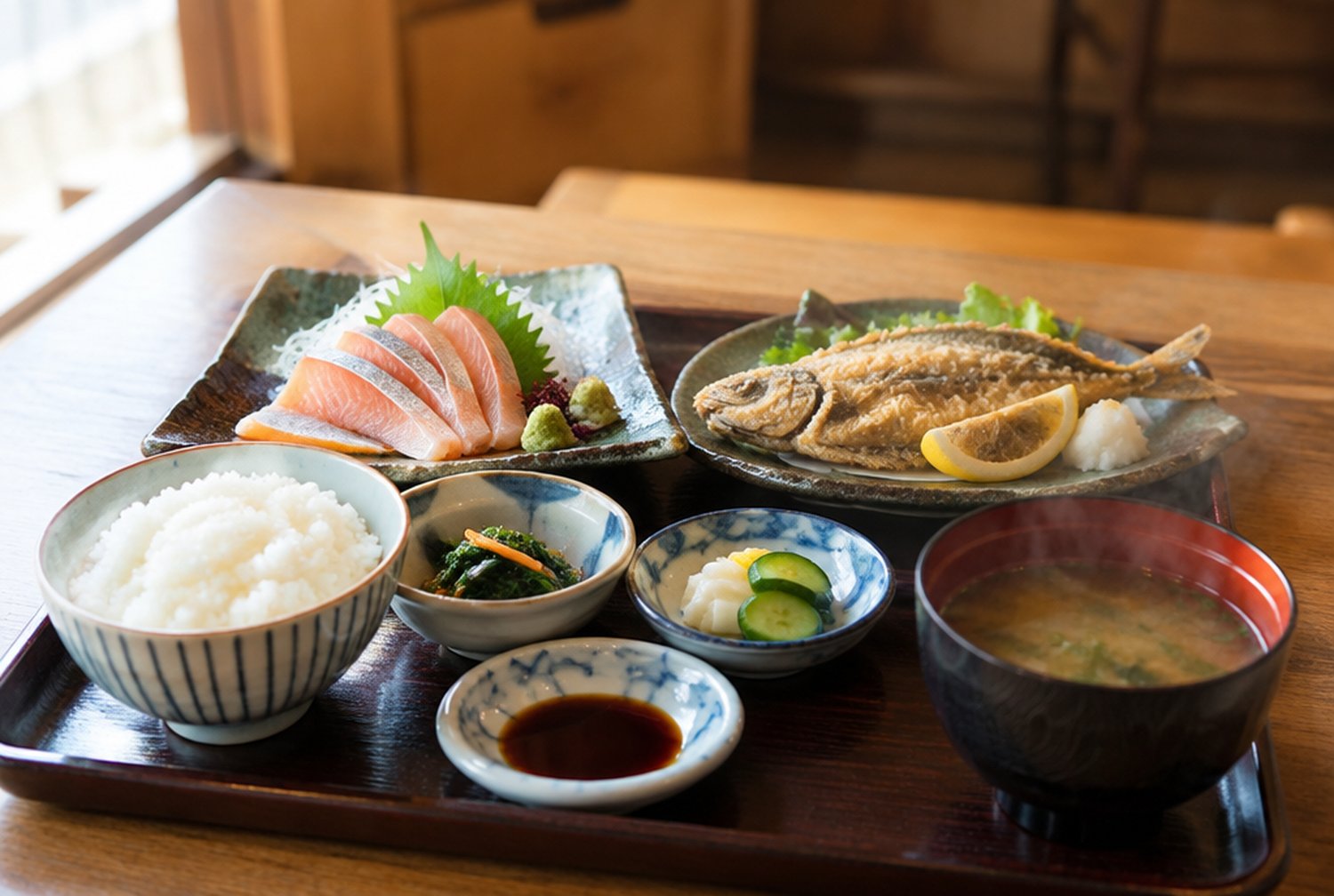 山あいの店で、刺身とフライが並ぶ和定食の膳と、湯気の立つ味噌汁。背景はぼかした木の内装。イメージ画像（AI生成。実際の施設・商品の写真ではありません）