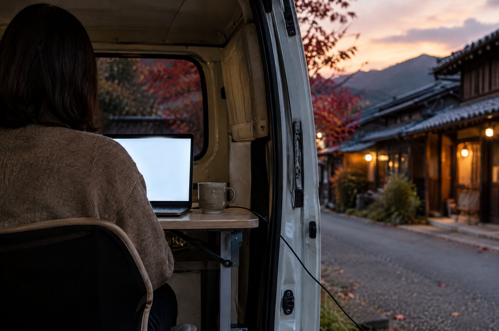 夕方、商店が並ぶ通りの脇に停めたバンのスライドドアの内側で、折りたたみ机のノートPCに向かう人の後ろ姿。机の端に電源ケーブルとマグカップ。イメージ画像（AI生成。実際の施設・商品の写真ではありません）